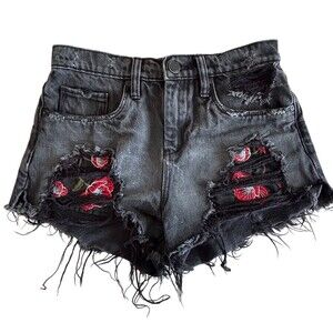 BLANKNYC Womens High Rise Cut-Off Denim Shorts Washed Black Floral Size 24